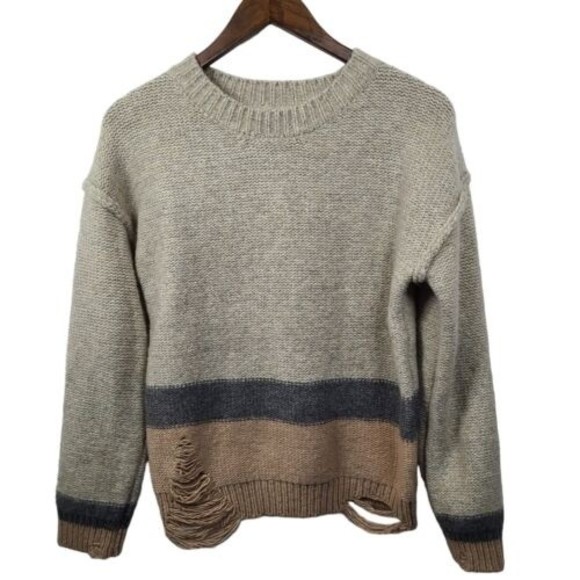 Hem & Thread Wool Blend Striped Distressed Sweater Womens Small - Picture 1 of 5